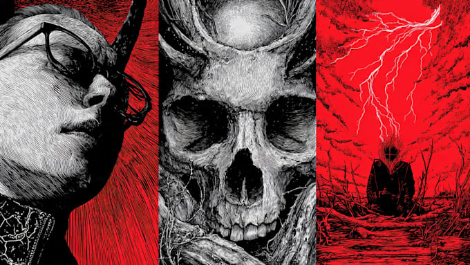 create detailed dark art illustrations for bands and merch