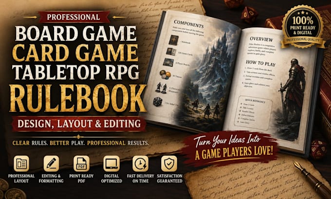 design board game card game rulebook tabletop rpg with layout and editing format