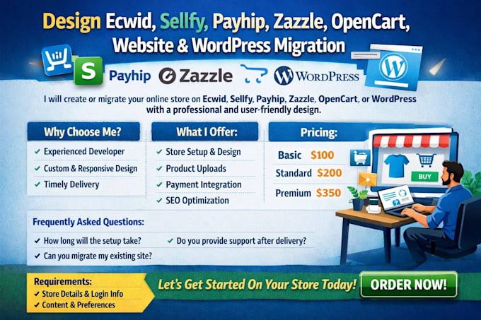 design ecwid store sellfy payhip zazzle opencart website wordpress migration