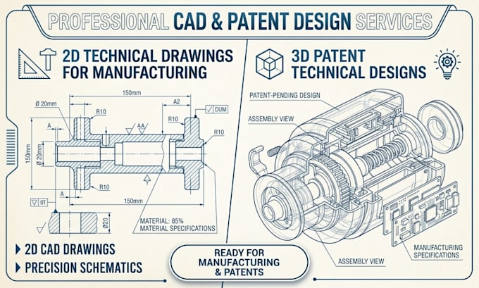 Create 2d cad drawings and 3d patent technical design for product ...