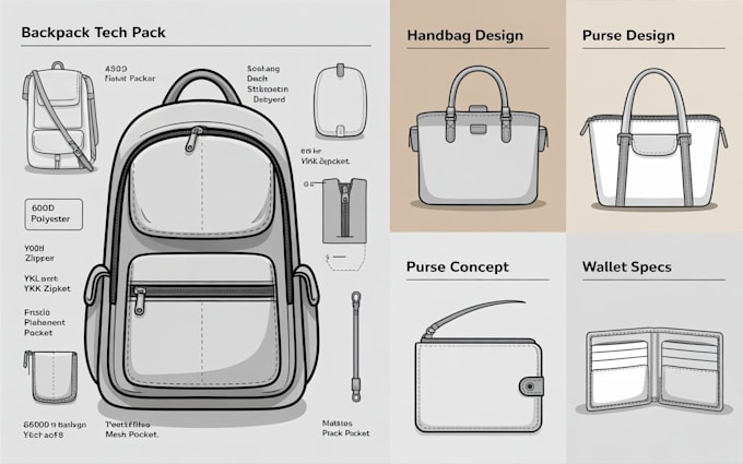 design full tech pack for bag concept backpack, handbag, purse, wallet