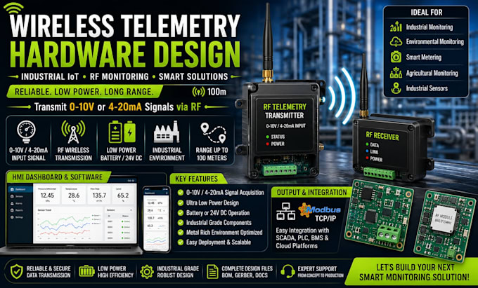 design wireless telemetry hardware, industrial iot and rf monitoring systems