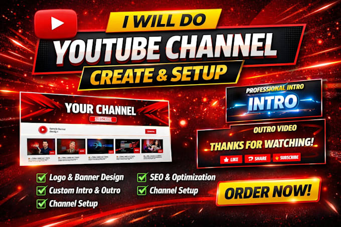 create, setup youtube channel with logo, banner, intro, outro