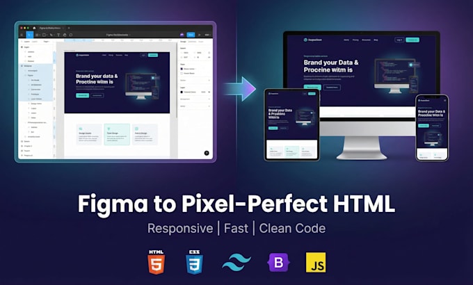convert figma design to a responsive HTML, CSS, or tailwind website