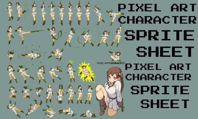 8x8, 16x16, 32x32, 64x64 pixel art character, sprite sheet, pixel animation, ui