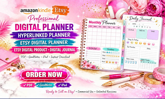 design digital planner, hyperlinked planner, etsy digital product, journal