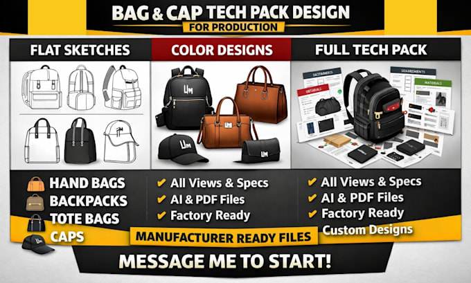 design bag tech pack, handbag, backpack, tote bag cap tech pack for production