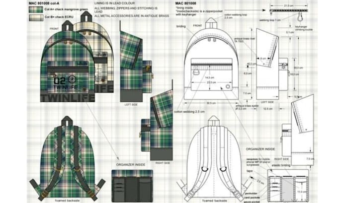 create factory ready bag tech pack for handbag backpack luggage leather specs