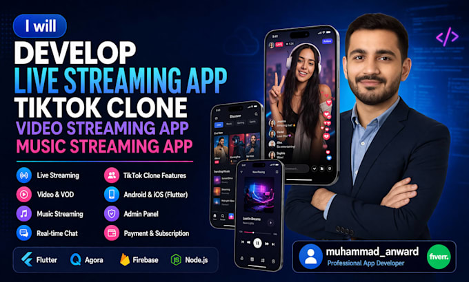 develop live streaming app tiktok clone video streaming app music streaming app