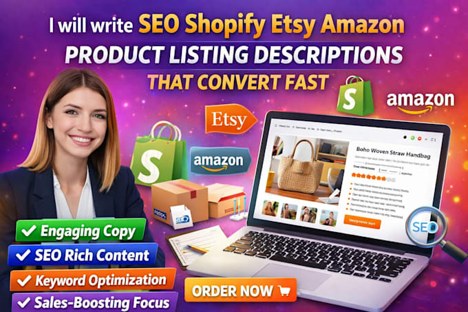 write SEO shopify etsy amazon product listing descriptions shopify expert