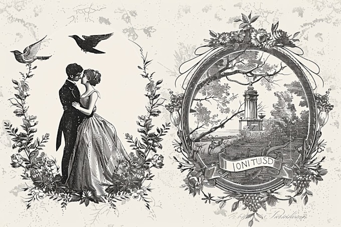 create an etching style wedding crest or illustration