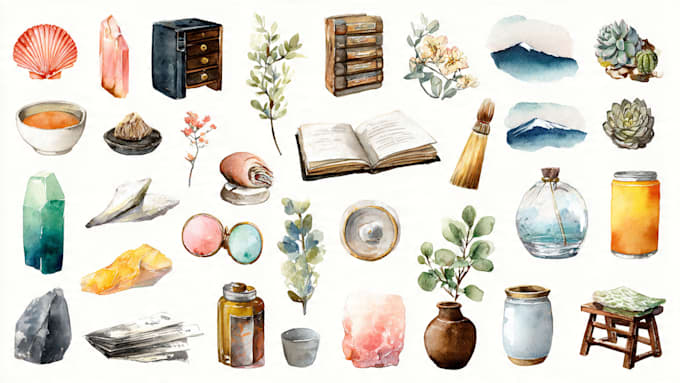 create unique watercolor hand drawn icons and illustrations