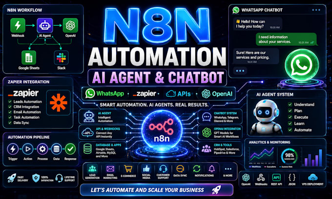 n8n automation n8n ai agent n8n whatsapp chatbot n8n workflow zapier integration
