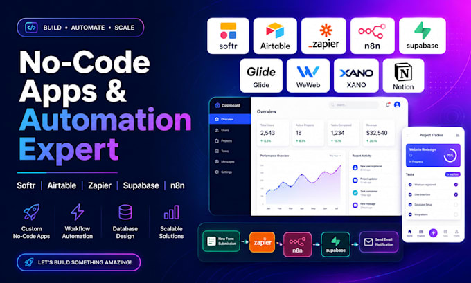 no code softr airtable weweb n8n zapier glide notion bildr noloco xano supabase