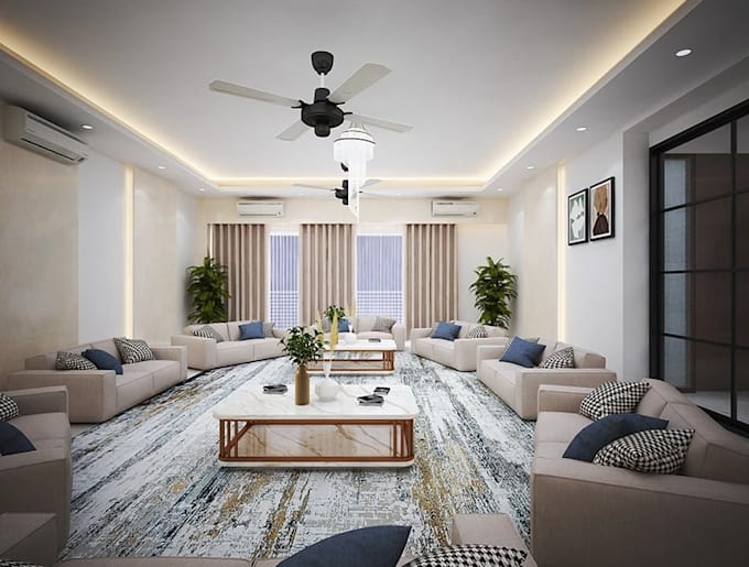 revit 2d 3d home interior,beige sofa set design, open floor plan, space planning