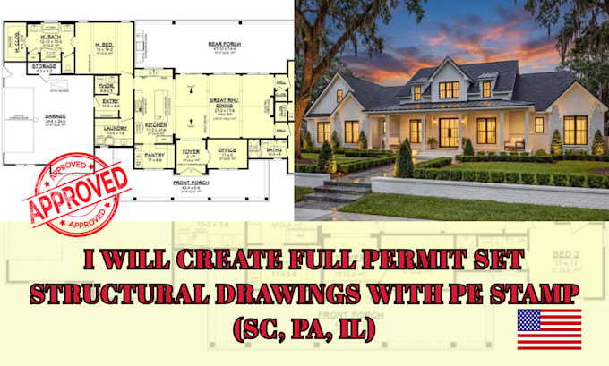 Create full permit set structural drawings with pe stamp sc, pa, il by ...