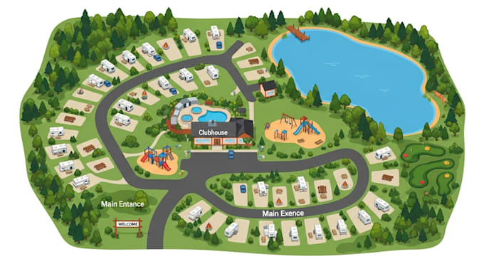 create detailed 2d 3d vector map rv park resort map, campground map illustration