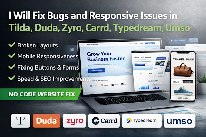 fix duda bugs responsive issues tilda duda zyro carrd typedream umso website