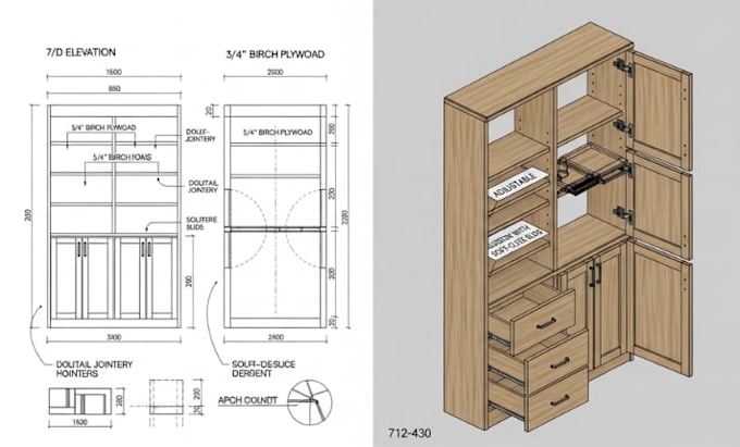 create millwork technical drawings, kitchen cabinets and casework shop drawings