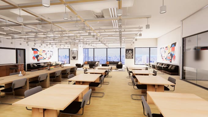 revamp 3d modern office, open plan interior layout, co working space rendering