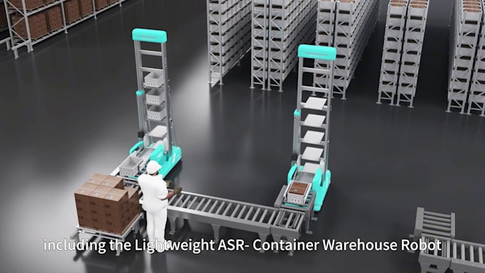 create a cinematic 3d animation for robotics, warehouse and automation systems