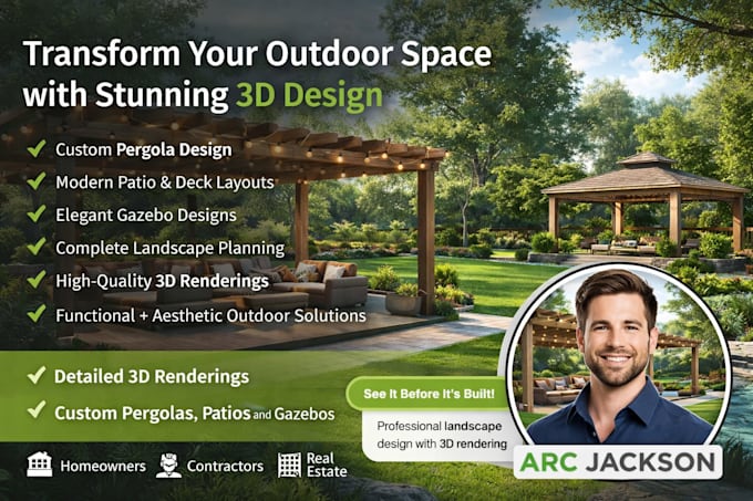 design pergola, patio, gazebo with realistic 3d rendering