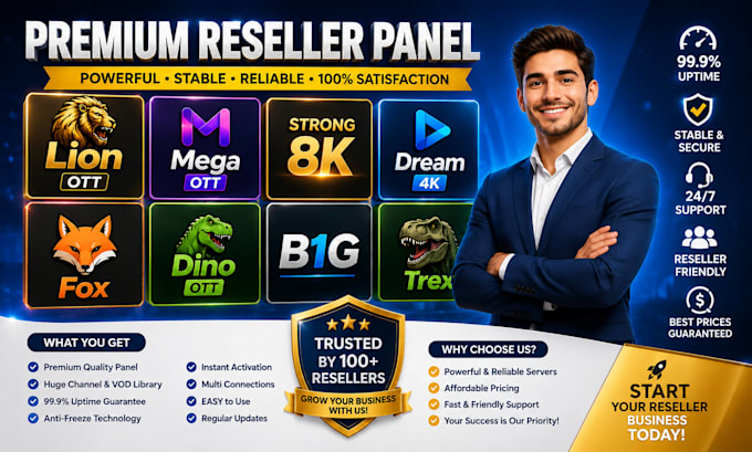 setup reseller panel with test and credit strng8k, trex, dream4k, lion ott, mega