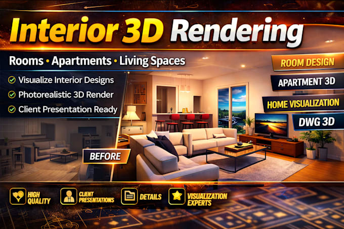 Create photorealistic 3d interior rendering for living room, bedroom or ...