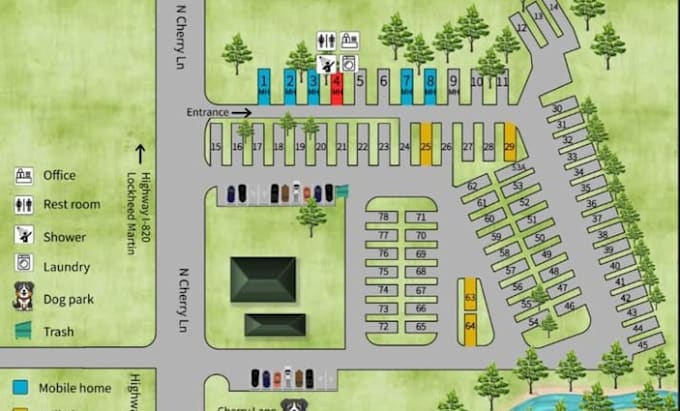 design site plan rv park map, town map, semi truck, map park