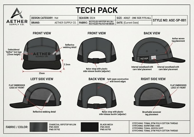 create custom cap, hat tech pack with flat sketch and mockup for manufacturing