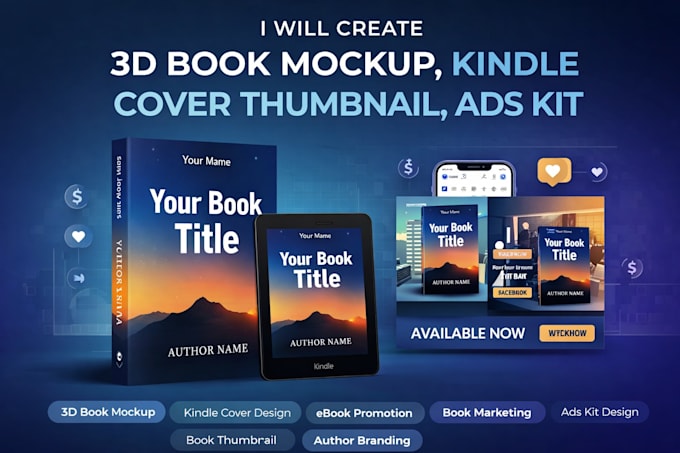 create 3d book mockup, kindle cover thumbnail, ads kit