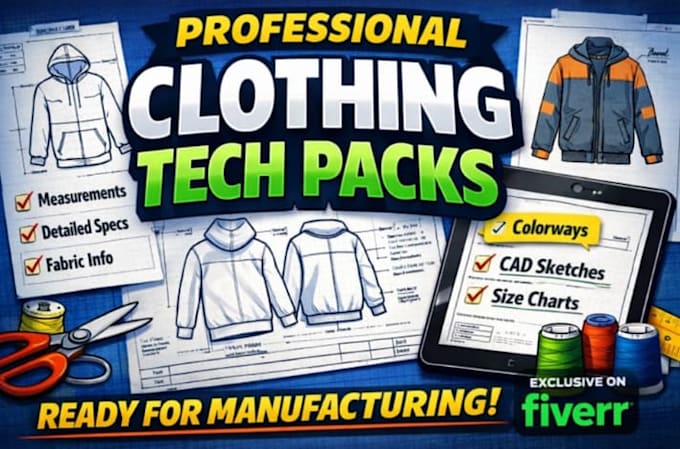 design clothing tech pack, apparel flat sketch, garment specification sheet