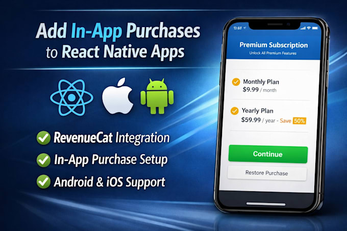 set up in app purchases in react native android and ios apps