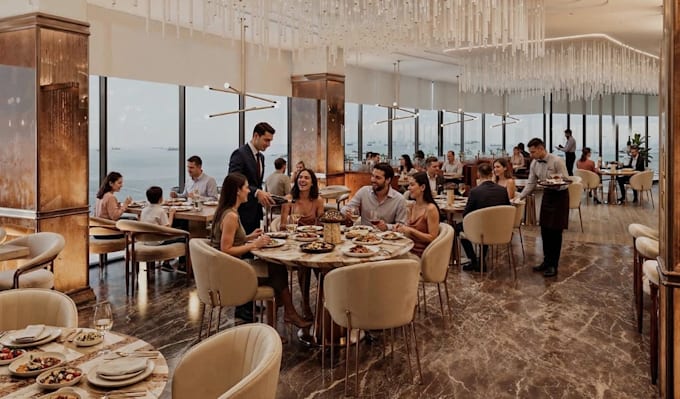 upgrade 3d hotel building, design modern interior layout, restaurants rendering
