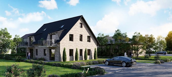 3d apartment complex,residential site,cgi outdoor seating area,playground render
