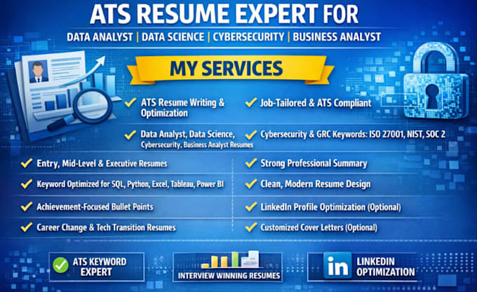 write ats resume for data analyst, data science, cybersecurity, business analyst