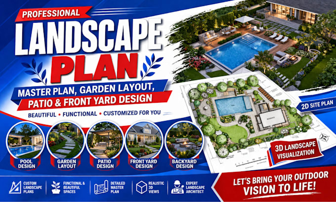 design landscape plan, master plan, garden design, patio and front yard design