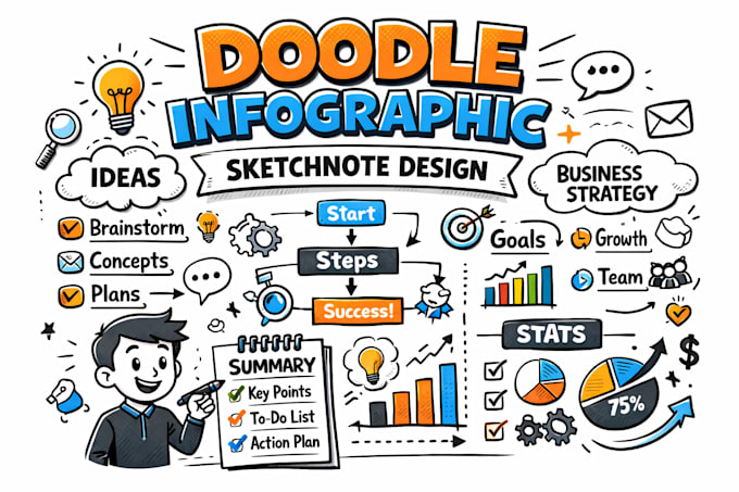 create doodle sketchnote infographic, hand drawn visual summary design