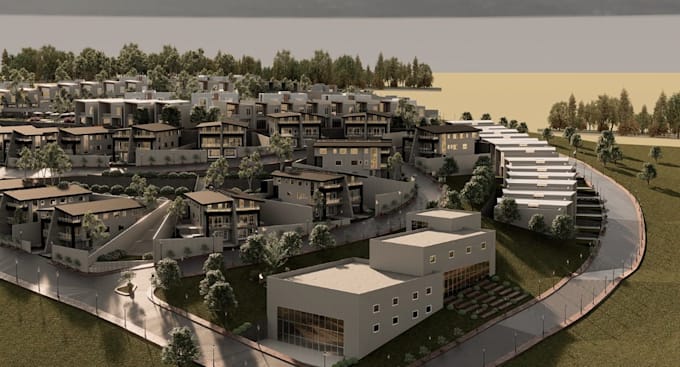 zone3d residential development,hillside estate,terraced townhouses,aerial render