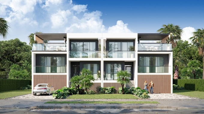 do apartment interior, house exterior, photorealistic render