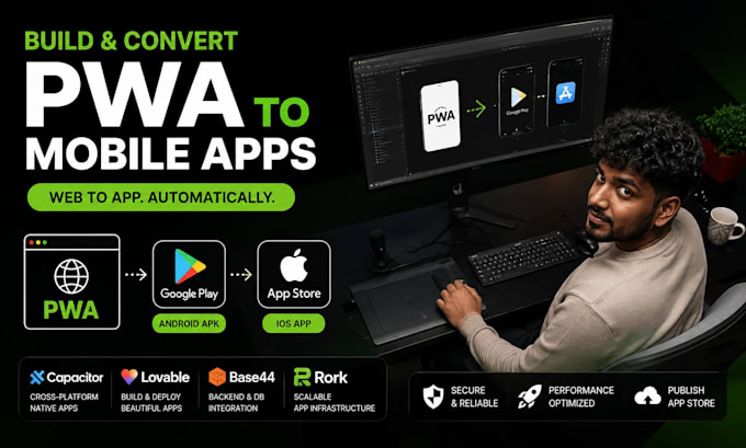 convert pwa to google play apk ios app capacitor lovable base44 rork app store