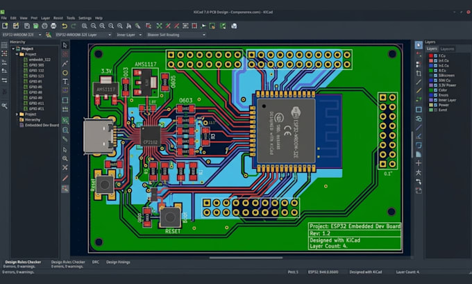 design esp32 pcb and 4 layer kicad layout for embedded systems