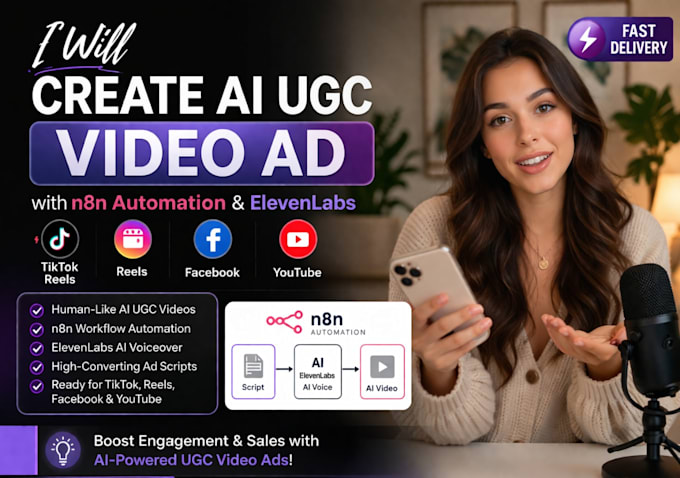 Create ai ugc video ad n8n automation, elevenlaps tiltok reels facebook ...