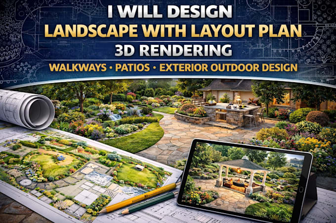 landscape with layout plan 3d rendering walkways, patios exterior outdoor design