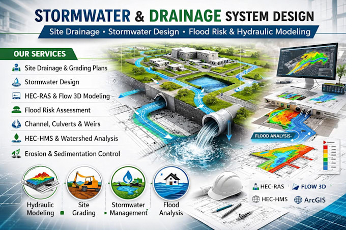 do civil engineering drainage, grading plan drawing, flood hydrology, hydraulics