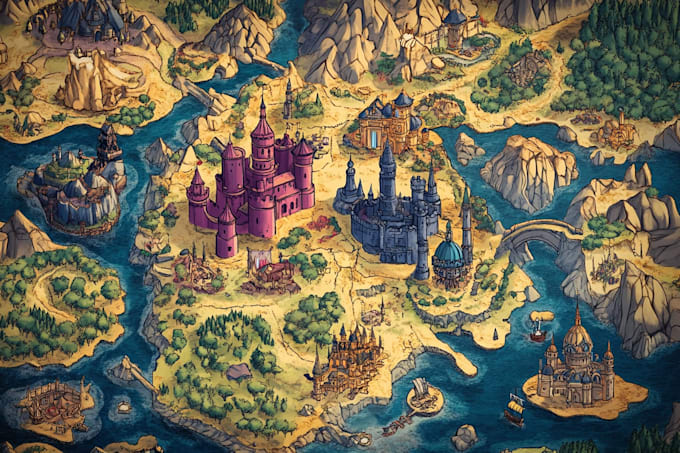create a high quality high detail fantasy map for fiction