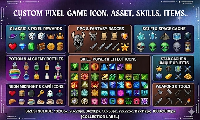 create pixel game icon, 2d game assets, pixel art icon, items skill ability icon