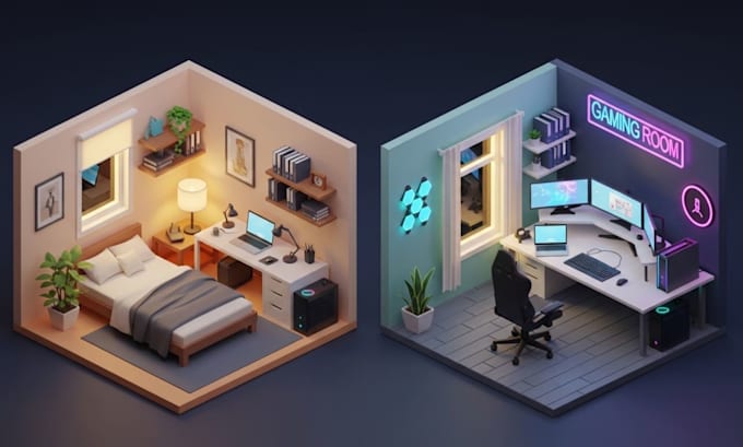 model 3d low poly isometric environment, interior and exterior in blender