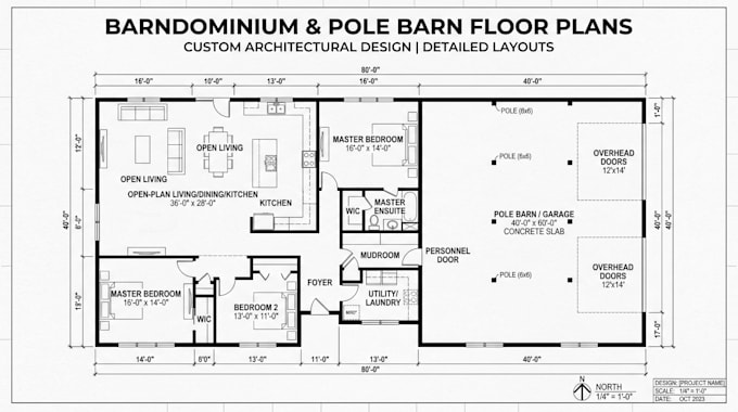 draw barndominium and pole barn house plan and floor plans rendering