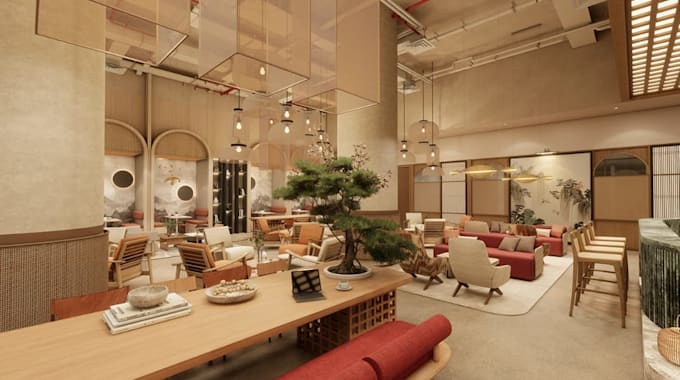 restyle 3d cozy cafe interior,commercial space,restuarant design,cgi lounge area